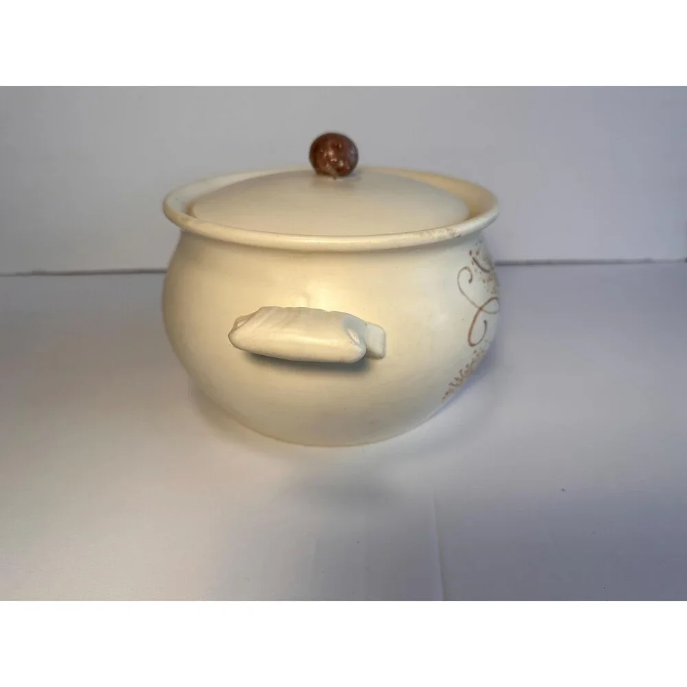 Handmade Hand Painted Ceramic Bean Pot Casserole with Dandelion Design - Signed